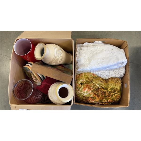 2 BOXES OF ESTATE GOODS - KNITTED QUILT, VASES, FLORAL IN SHADOW BOX, ETC