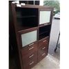 Image 2 : BUHLER FURNITURE CANADIAN MADE DARK FINISH STORAGE CABINET WITH SLIDING DOORS, AND GLASS SHELVES, GO