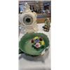 Image 1 : PORCELAIN MANTLE CLOCK, DENTON FLORAL AND ROSEVILLE BOWL - BOWL HAS REPAIRED HANDLE