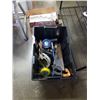 Image 1 : TOTE OF POWER TOOLS, AND BOX WITH TIRE CHAINS, NEW BACKSPLASH ETC