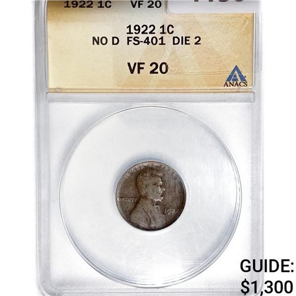 1922 Wheat Cent ANACS VF20 No D FS-104 Die 2