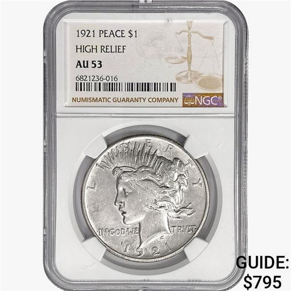 1921 Silver Peace Dollar NGC AU53 High Relief