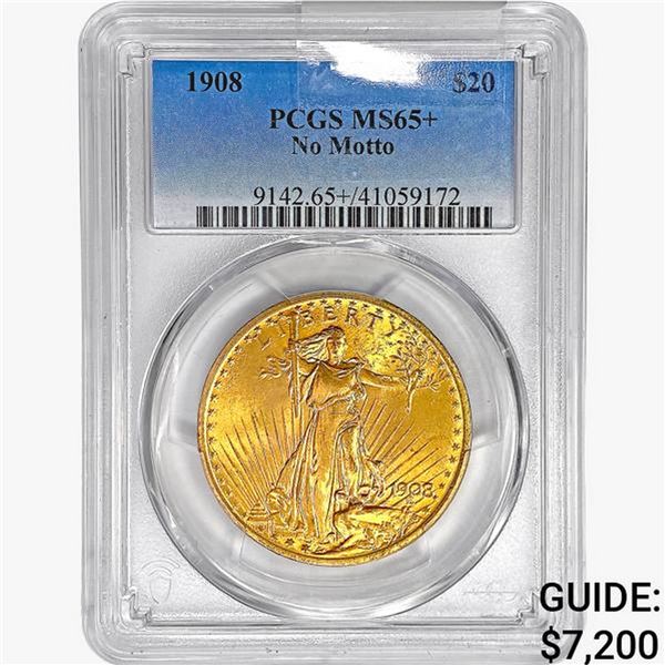 1908 $20 Gold Double Eagle PCGS MS65+ No Motto