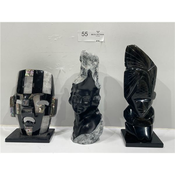 Obsidian And Black Coral Statue With Decorative Quartz Mask, 8.5H, 8H, 7.3/4H