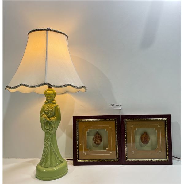 Asian Lady Lamp And Framed Snuff Bottles