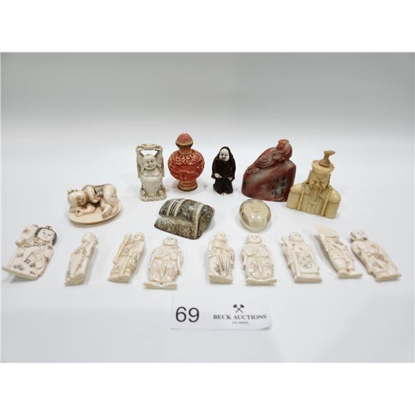 2 Ivory, 2 Stone, 1 Wood, Remaining Plastic Miniature Figurines, Pins, Stamps
