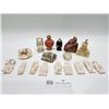 Image 1 : 2 Ivory, 2 Stone, 1 Wood, Remaining Plastic Miniature Figurines, Pins, Stamps