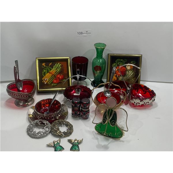 Assortment Of Red Glass Dishware And Home Decor