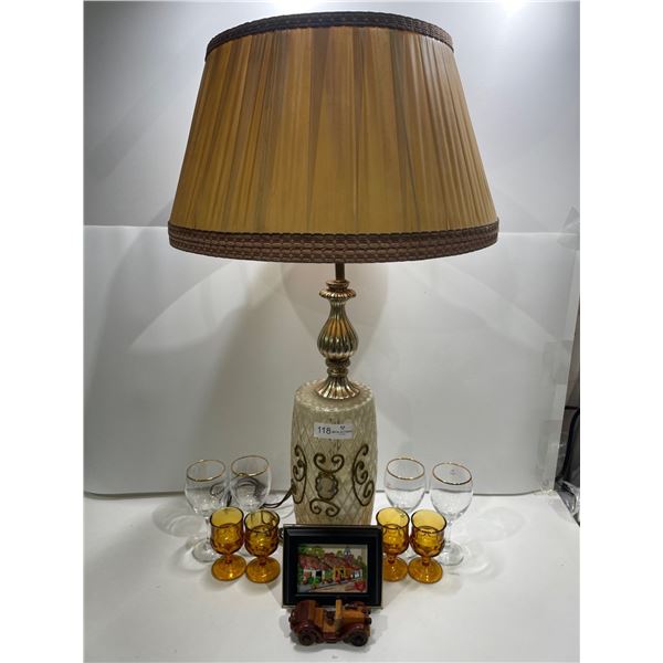 Beautiful Vintage Lamp, Gold Accented Glass Dishware, And Stained Glass