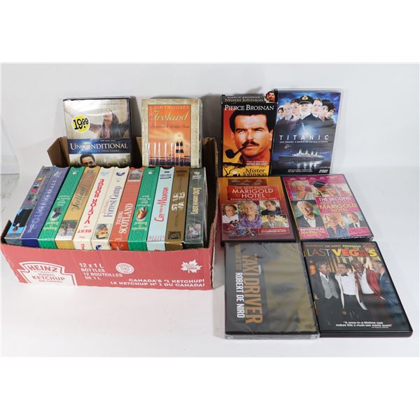 LARGE LOT OF MIXED MEDIA INCLUDING VHS AND DVDS