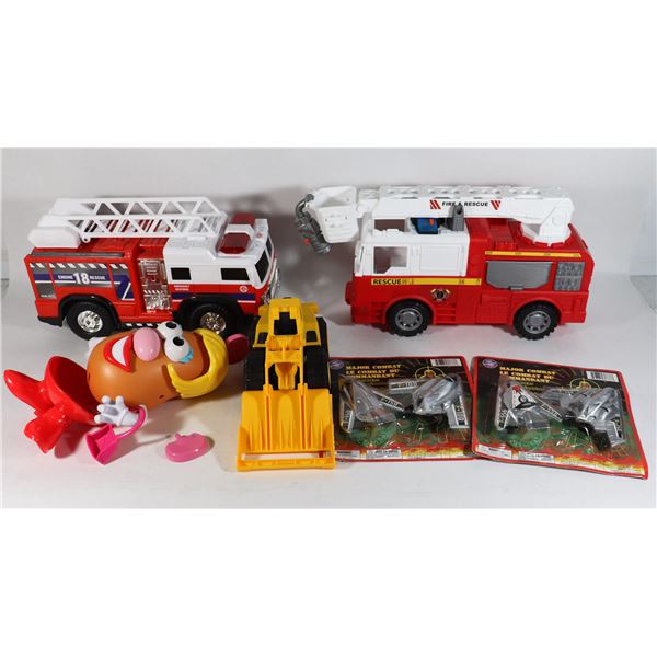 FLAT OF ASSORTED KIDS TOYS INCLUDING FIRE TRUCKS