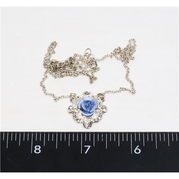 SILVER TONE STAMPED NRT BLUE ROSE PENDANT