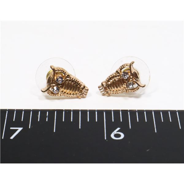 GOLD TONE OWL DESIGN STUD EARRINGS RHINESTONE