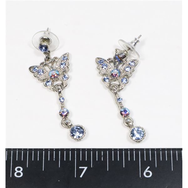 SILVER TONE BLUE RHINESTONE BUTTERFLY DROP