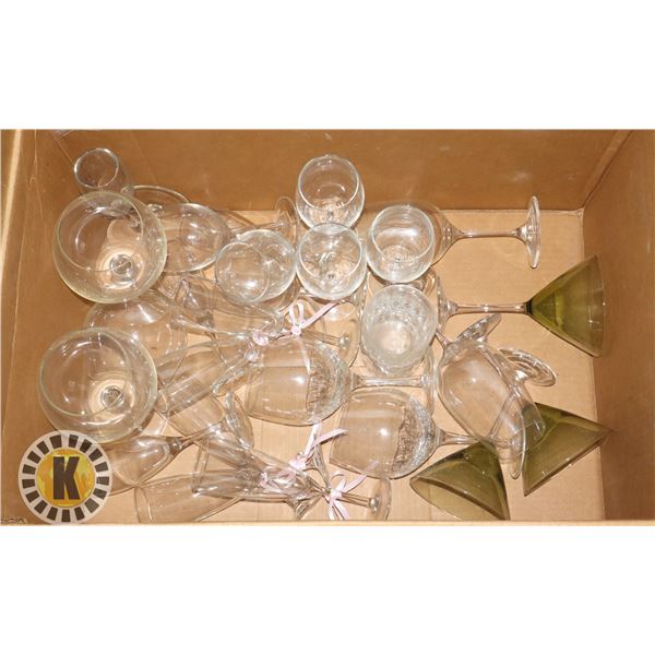 BOX OF ASSORTED GLASSWARE (WINE GLASSES)