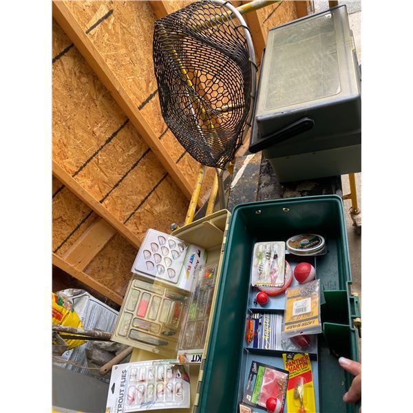 Tackle boxes and fish net with contents