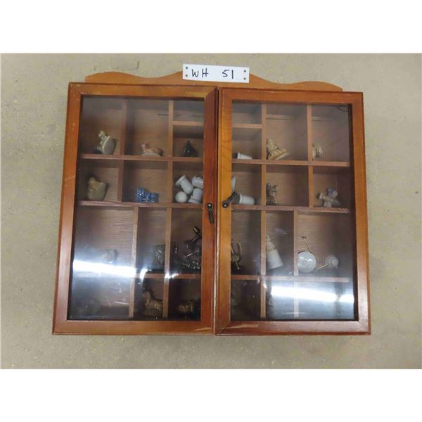 Wooden Display Case with Collectibles Including Wade