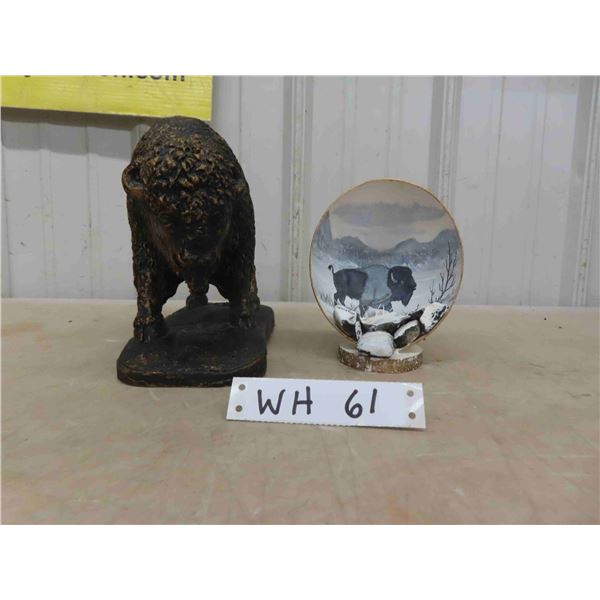 12'' Buffalo Statue and Hand Painted Dish 