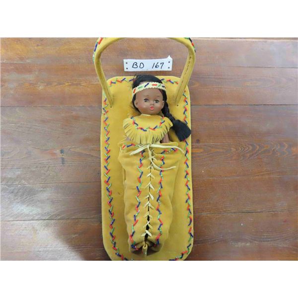 Vintage Leather & Wood First Nations Made Cradle Board with Doll