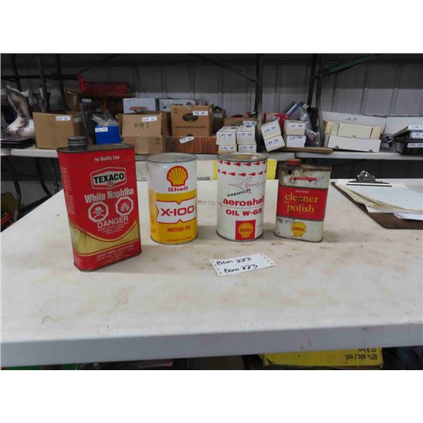 4 Oil Cans ; Shell X-100 Quart with Product, Shell Aeroshell Quart with Product, 