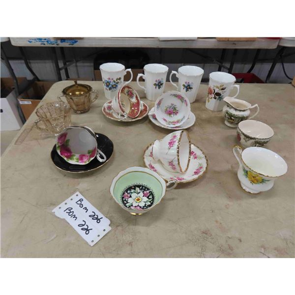 Various Bone China ; Tea Cups, Cream + Sugar, Coffee Mugs