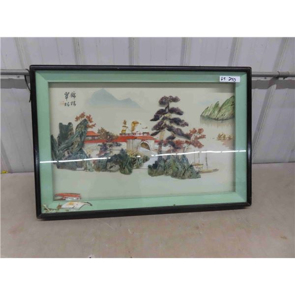Oriental Themed Shell Framed Art - some loose piece at bottom 24" x 36"