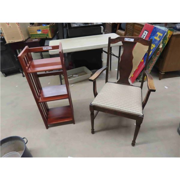 Modern Folding Open Shelf 12" X 14" x 37" & Antique Dining Room Chair with Arms