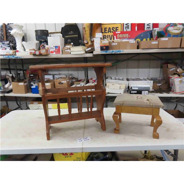Oak + Fabric Stool, Oak End Table with Magazine Rack