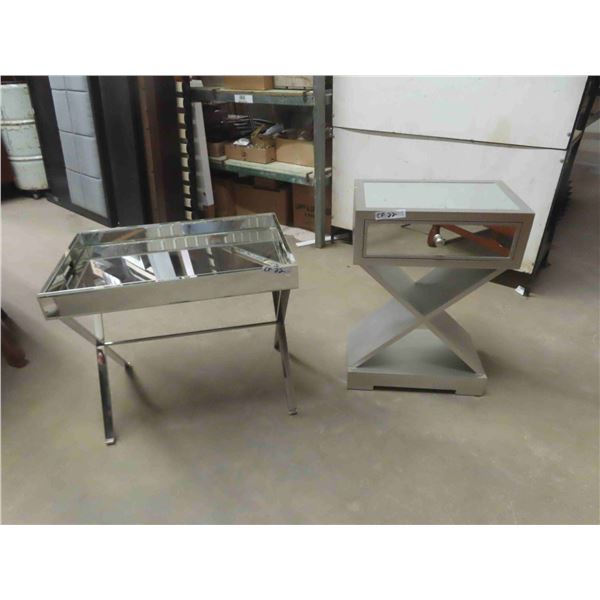 2 Stands / Night Tables - Modern Chrome + Mirror ; 13" x 20.5" x 29" & 18" x 24" x 28"