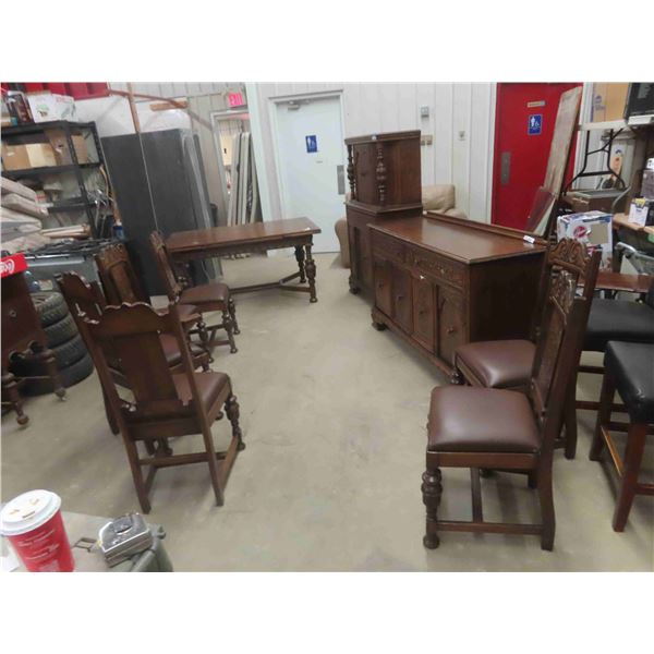 9pc Oak Krug Dining Room Suite ; China Cabinet 17" x 38" x 62", Buffet 20" x 35" x 61"