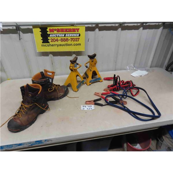 2 Booster Cables, (2) 2 Ton Stabilizing Jacks, Pair of Sz 9.5 Work Boots
