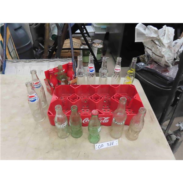 15 Pop Bottles; Pepsi, Crush, Coca-Cola, Tray
