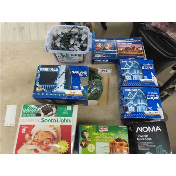 Various Packages of Indoor + Outdoor  Christmas Lights & Clips