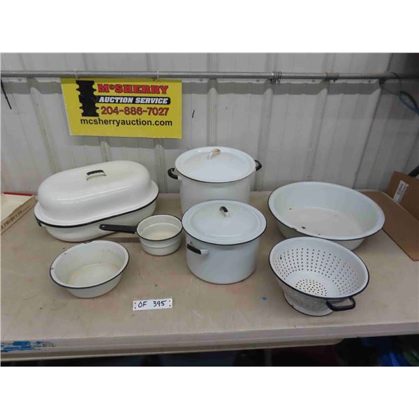Enamel Turkey Roaster, 2 Large Pots with Lids, 2 Basins, Strainer