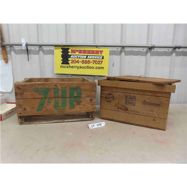 2 Wooden Crates ; 7Up 10.5"  11" x 18" & Castrol with Lid 10.5" 11" x 17"