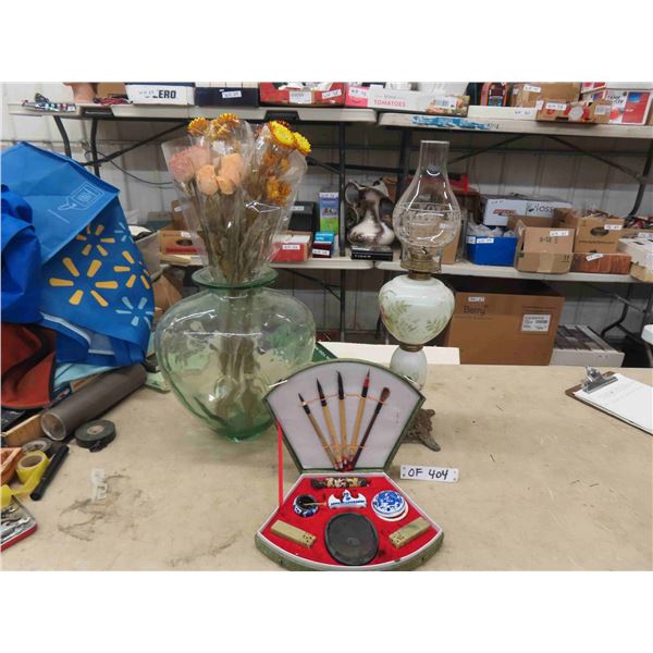 Calligraphy Set, Vase + Flowers, Oil Lamp
