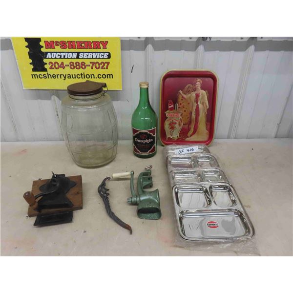 Vintage Jar with Lid, Meat Grinder, Coca-Cola Tray, 5 Stainless Steel Trays, plus more
