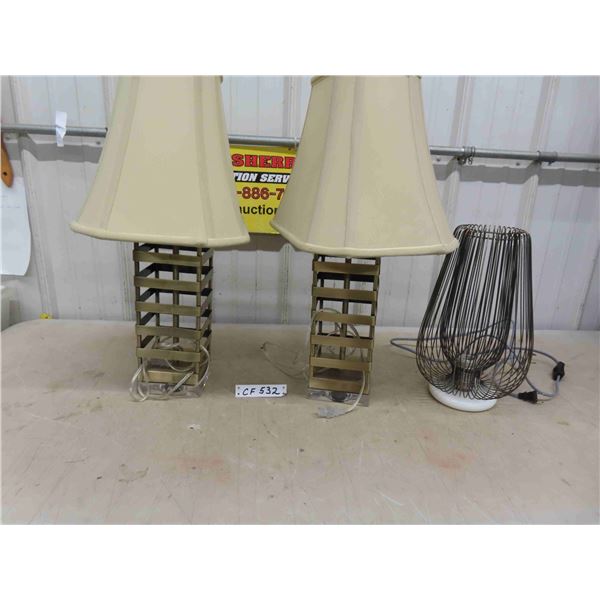 2 Table Lamps with Shades 25" Tall & Wire Abstract Lamp 15" Tall