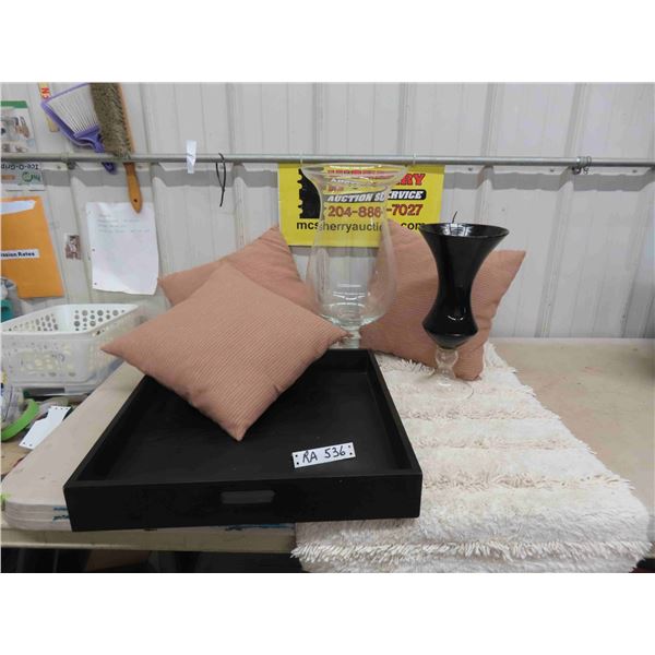 Decorative Vases ; 15" x 19.5" Tall , 3 toss Pillows, Wooden Tray 20" x 20" & Mat