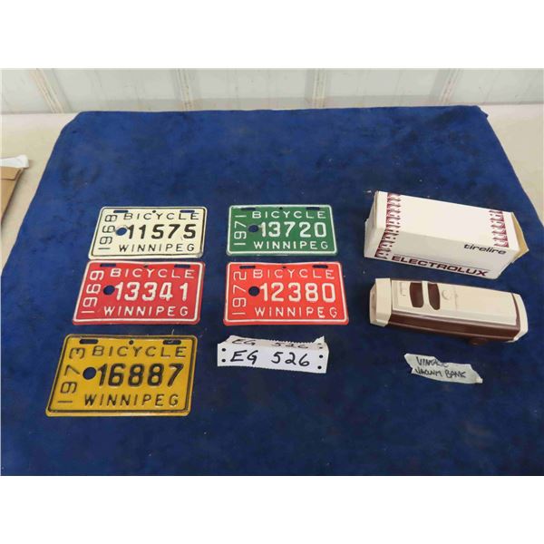 Bicycle License Plates ; 1968, 69, 71, 72, 73 & Electrolux Vacuum Bank