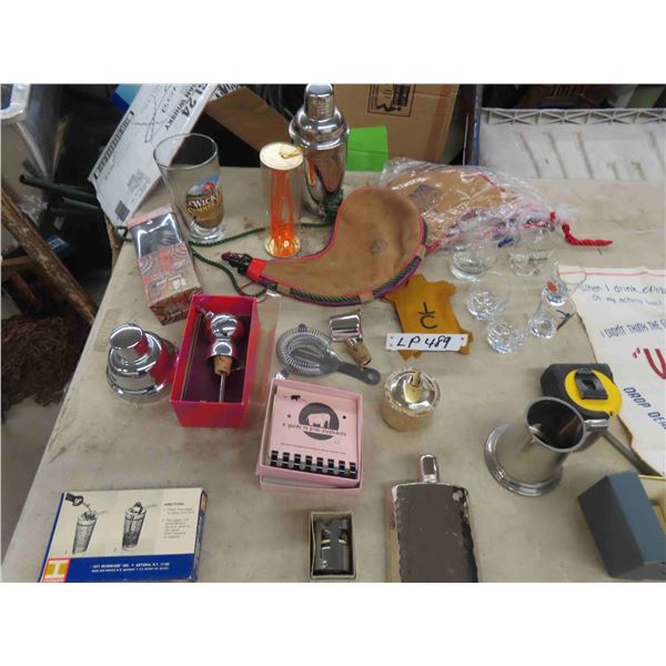 Variety of Bartending Items ; Glasses, Weeping Wipe, Flask, Shaker, plus more