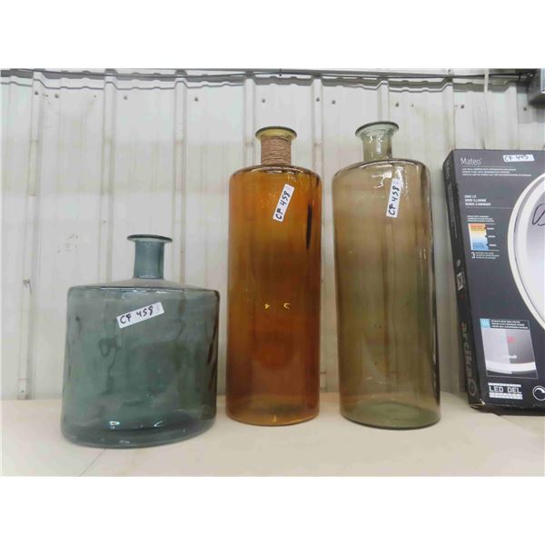 3 Large Glass Vases ; (2) 30" Tall, (1) 16" Tall 