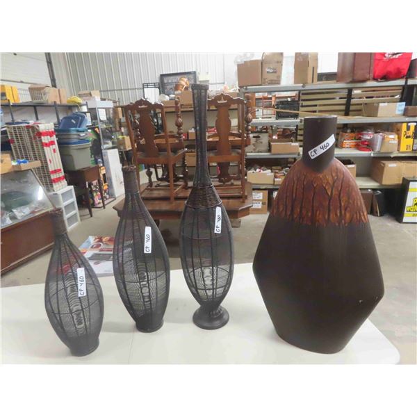 4 Modern Decorative Vases ; 3 Wire, 1 Ceramic/ Porcelain - Tallest 35"