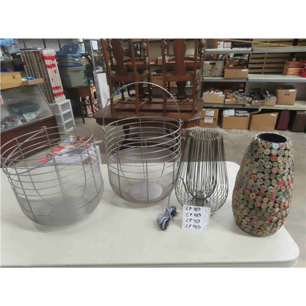 2 Wire Planters 14.5" t by 14" w + Wire Table Lamp, Vase