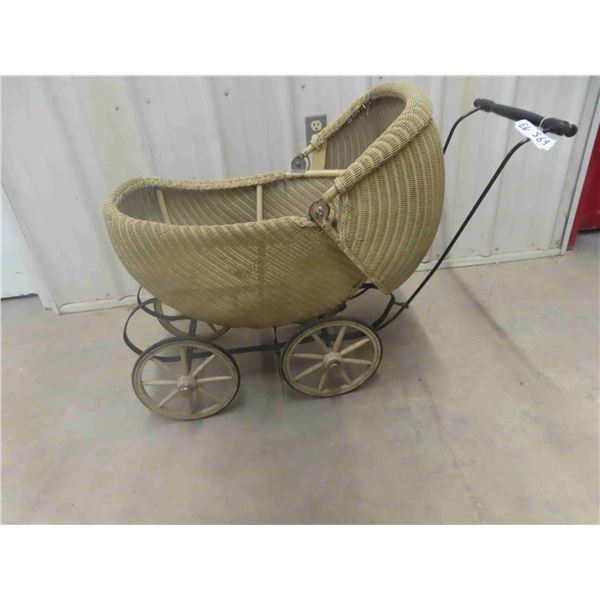 Very Old Baby Carriage with Wicker + Wood Spoked Rims - Good Condition 