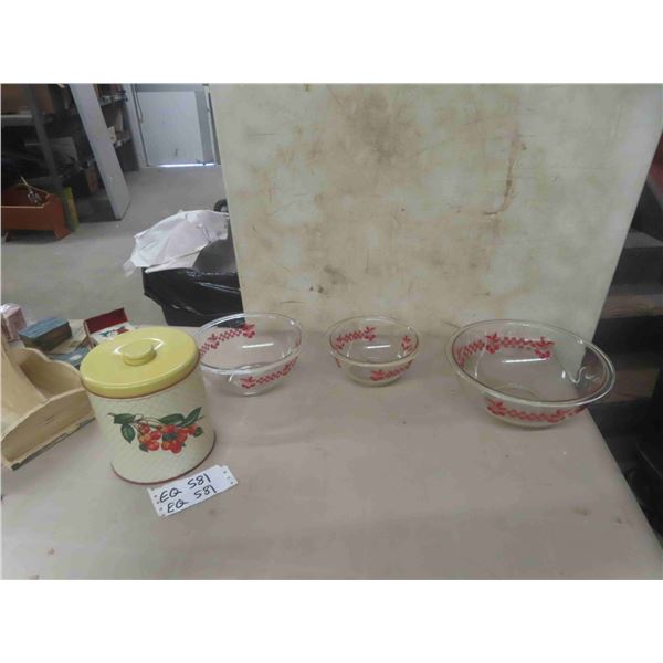 3 Mixing Bowls with Cherry Design & Metal Canister