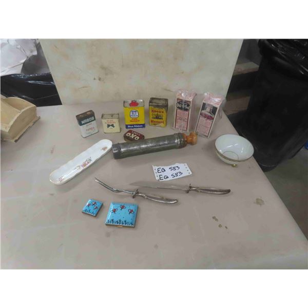 (2) 1950s Compacts, Spice Tins, Carving Set, Sausage Stuffer, some China Items