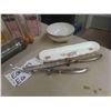 Image 6 : (2) 1950s Compacts, Spice Tins, Carving Set, Sausage Stuffer, some China Items