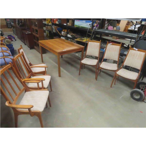 Teak Table 30" x 31"x 51" with (2)  16" Pull Out Leaves & 6 Chairs - 2 of are Captains