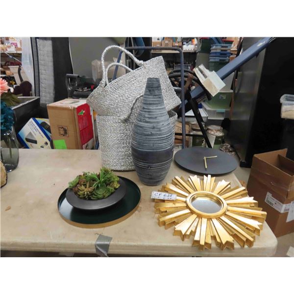 Room Décor; Baskets, Mirror, Vase, Artificial Plant Arrangement
